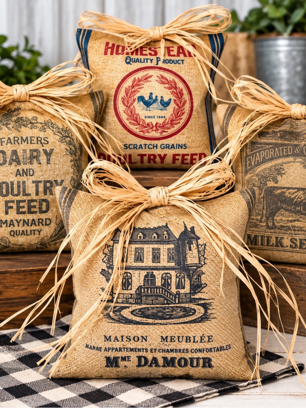 Natural Burlap Print Sachet Pillow with Raffia Bow